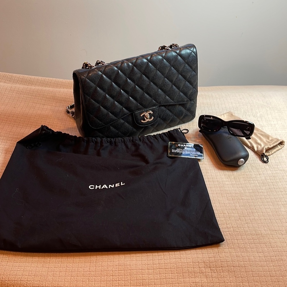 CHANEL Classic Black Quilted Soft Caviar Leather Silver Chain Jumbo 12 Flap Bag